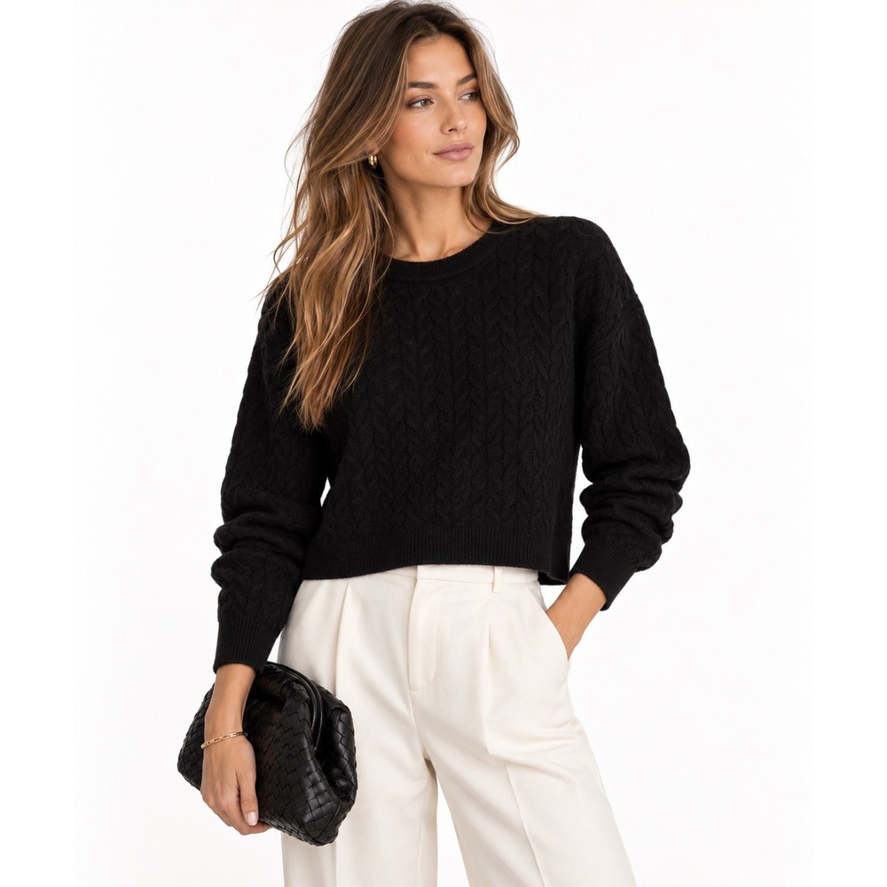 Naked Cashmere Chrissy Black Cable Knit 100% Cashmere Cropped Sweater Medium
